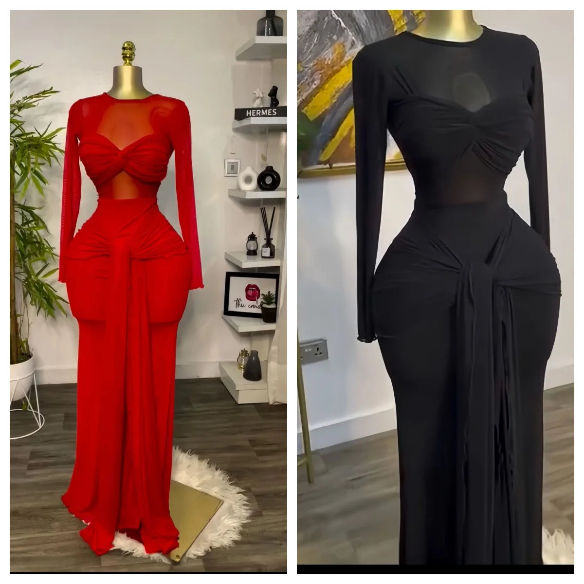 Elegant Hollow Out Mesh Long Sleeve Maxi Dress for Women