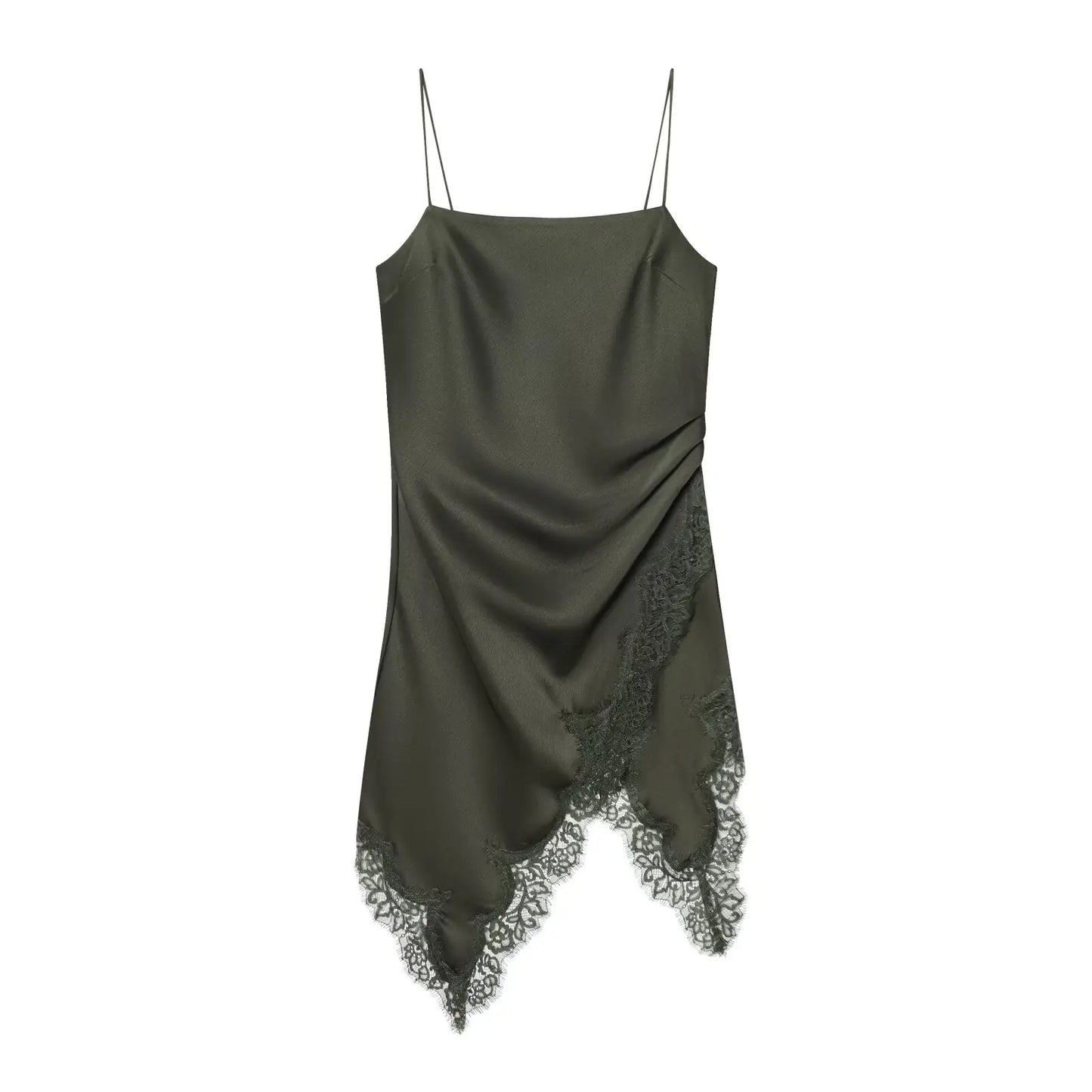 Elegant Dark Green Satin Lace Slip Evening Dress For Women
