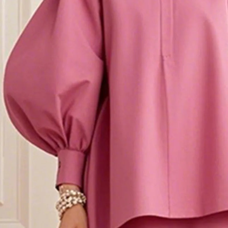 Beautyblue Pink T-shirt for Women Fashion Puff Sleeves Tops New Luxury Loose Pleated Split-Joint Round-Neck Simple Y2k Blouses