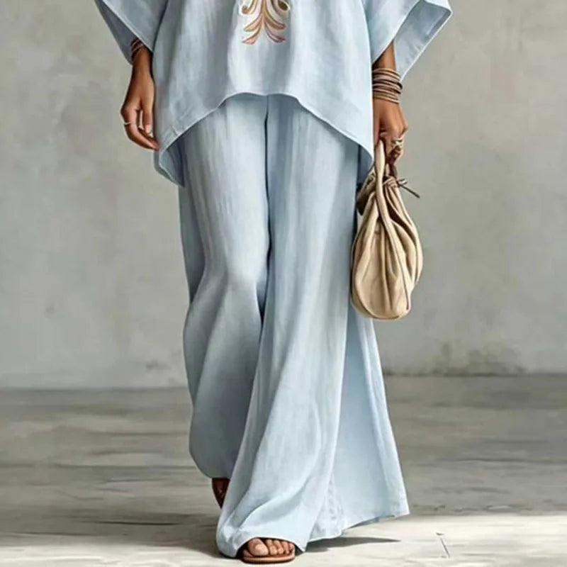 Boho Embroidered Blouse and Wide Leg Pants Set for Women