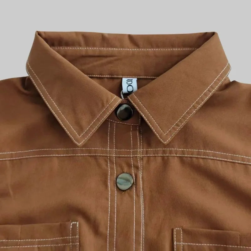 Women Lapel Collar Long Sleeves Contrast Stitch Pocket Belted Midi Dresses Elegant Vintage Casual Office Workwear Shirt Dress