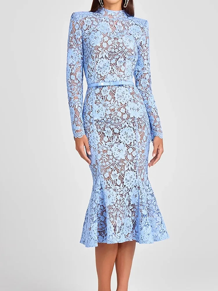 Holiday Round Neck Lace Mini Dress, Women Summer Solid Hollow Out High Street Party Dress, 2025 Full Sleeve Elegant Ladies Dress