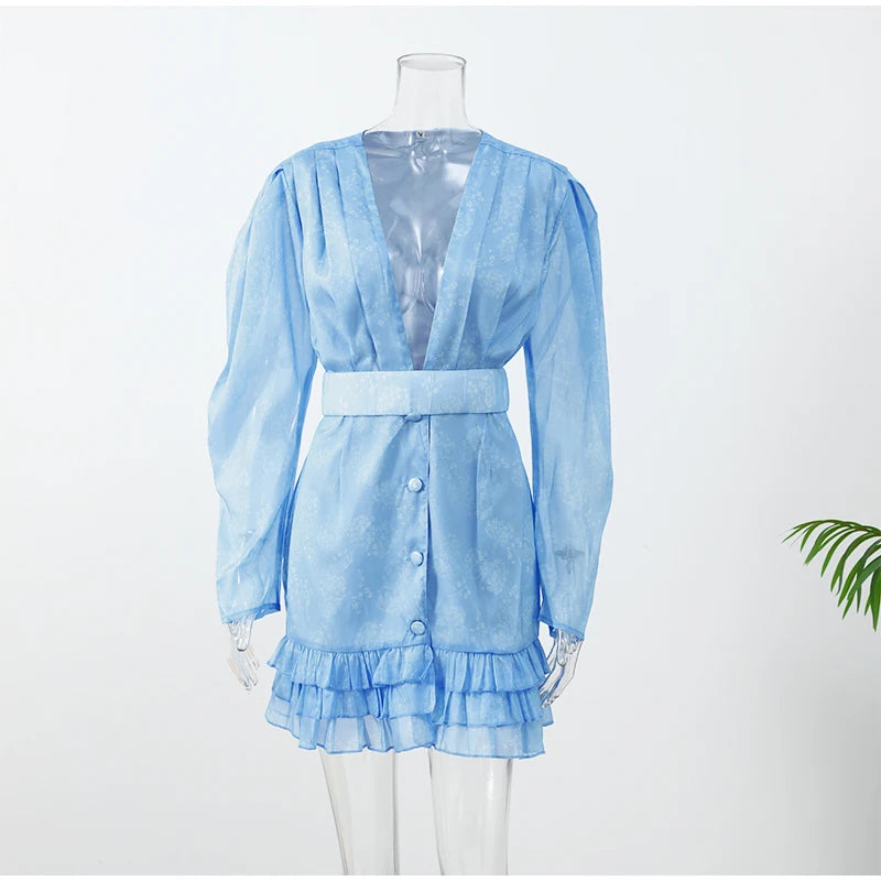 Floral Print Deep V Neck Ruffle Hem Mini Dress for Women