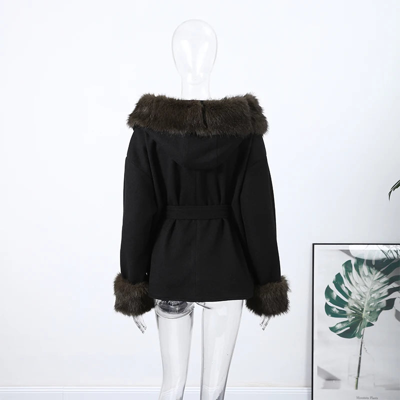 Warm Faux Fur Hooded Winter Coat With Pockets for Women