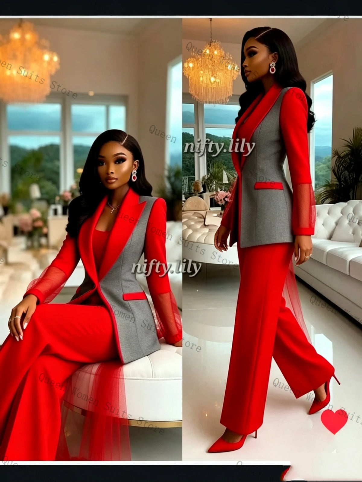 Classic Red And Grey Two Piece Suit Set for Women