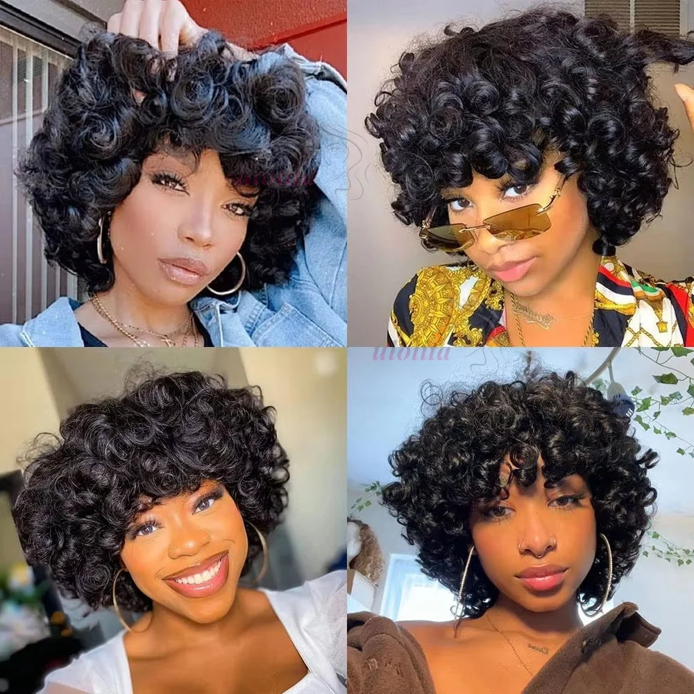 Bouncy Curly Pixie Bob Human Hair Wig With Bangs for Women
