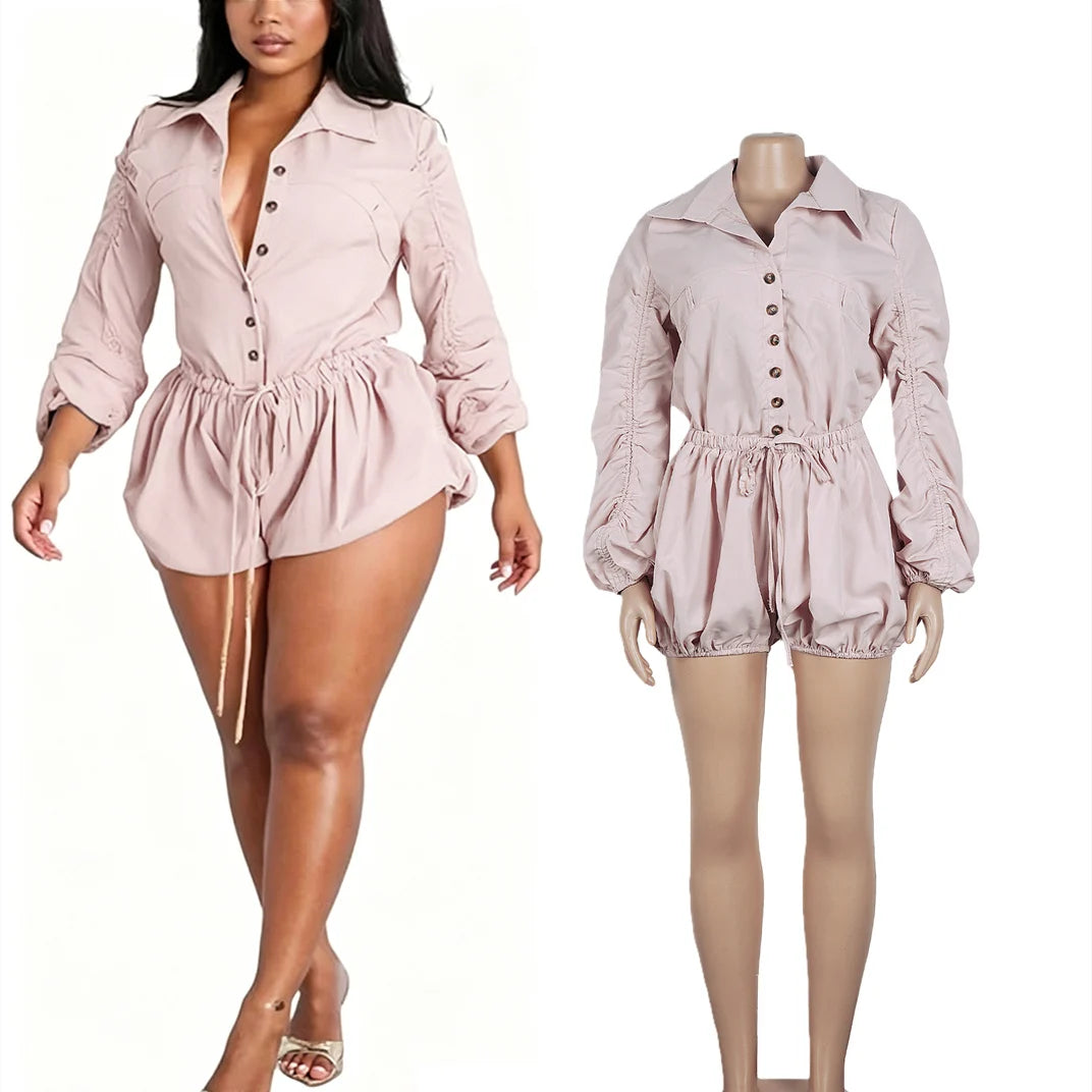 Elegant Ruched Drawstring Lantern Sleeve Romper for Women