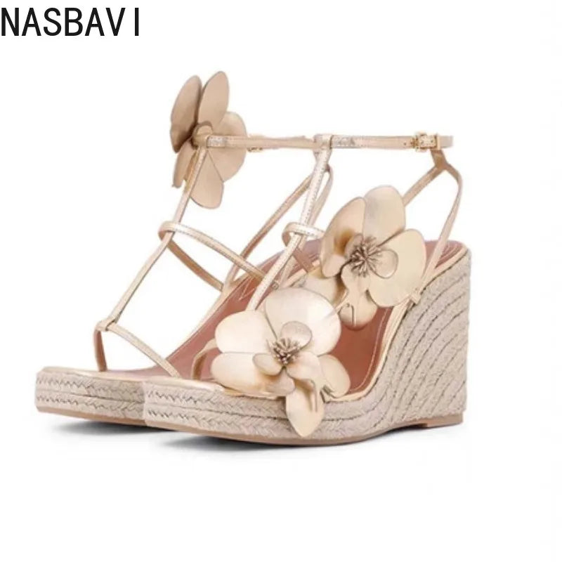 Gold Flower Woven High Heel Sandals