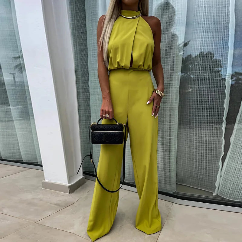 New Sleeveless Wide Leg Pants Playsuits, Women Summer Half High Collar Elegant Jumpsuits, Solid Patchwork Simple Ladies Bodysuit