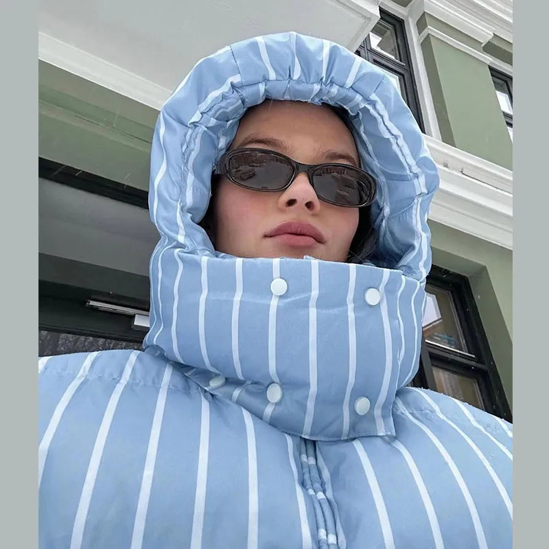 Striped Cotton Quilted Coat Single Breasted for Women