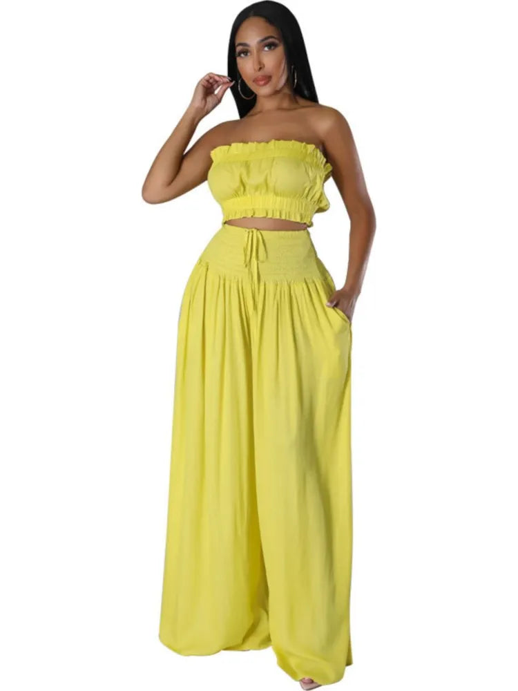Lace Up Strapless Top Two Piece Pants Set for Women
