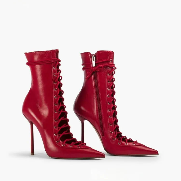 Lace Up Knee High Heeled Boots With Side Zipper for Women