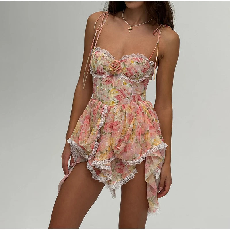 Floral Lace Up Sleeveless A Line Mini Dress for Women