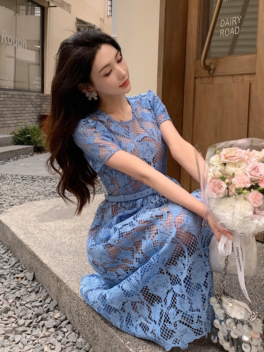 High-end Blue Heavy Lace Hollow Round Neck Short Sleeve Women's Summer Dresses New Elegant High Waist Slim Long Party Dress