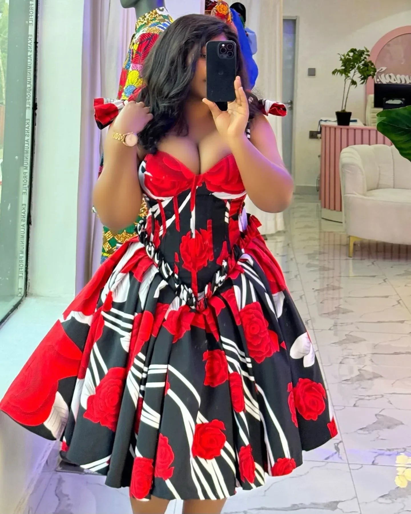 Customized Elegant Stylish Tube Top A-line Flower Print Waist-fitted Midi Dresses Fashion Summer Sexy Low-cut Bow Straps Casual