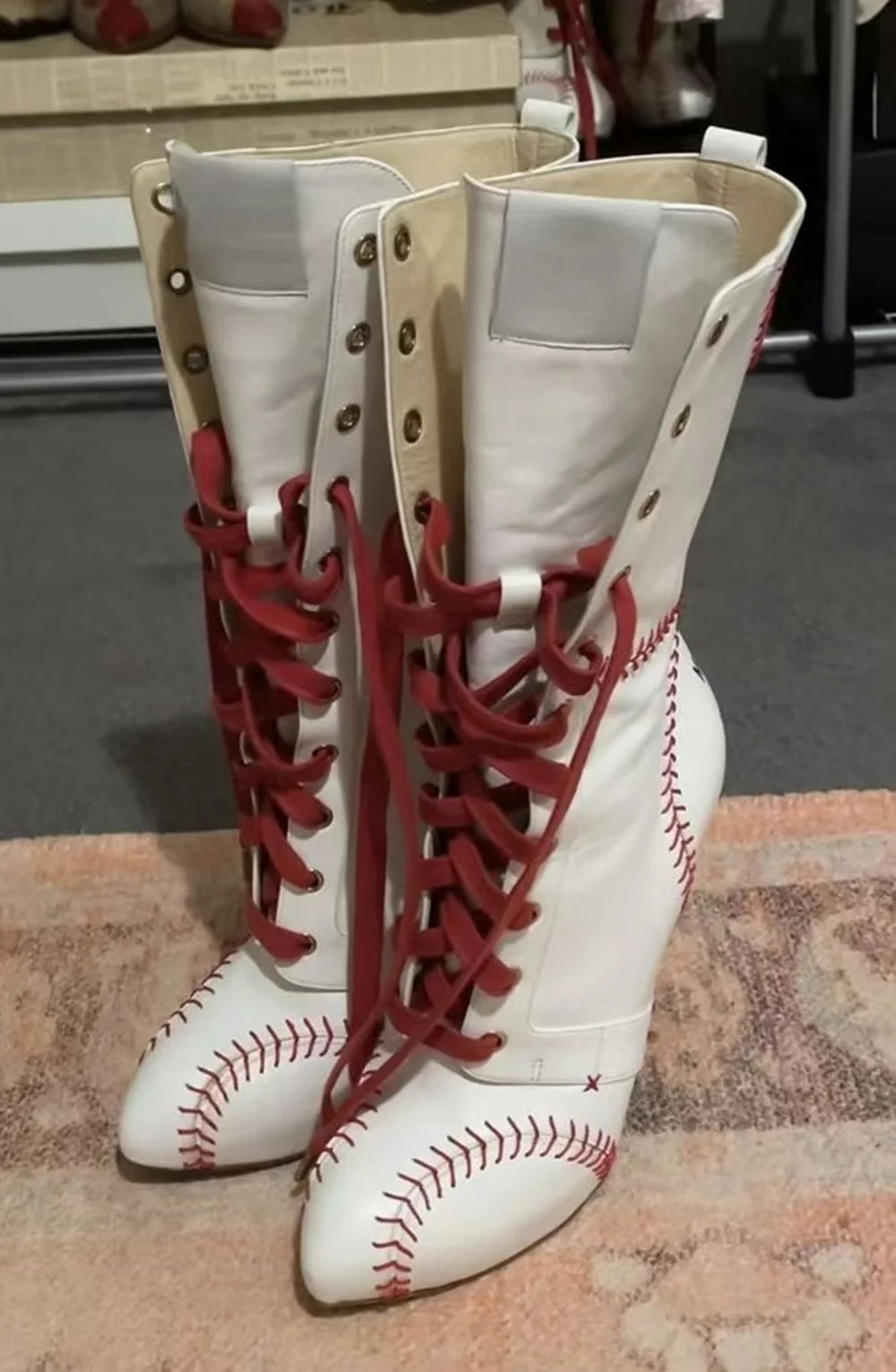 White Red Baseball Lace Stiletto Boots