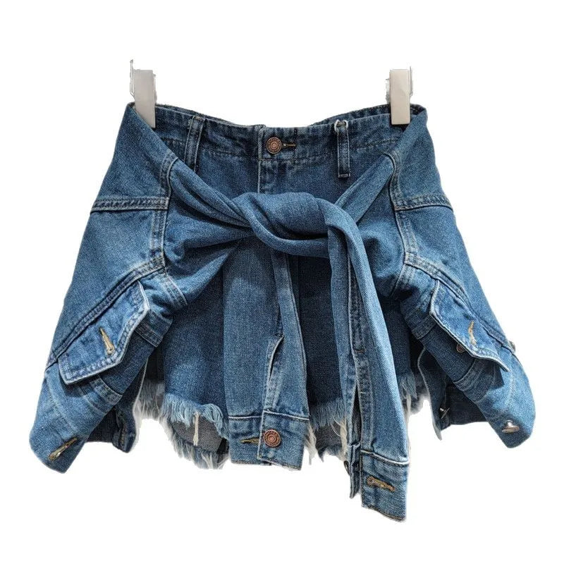 YEAE Fashion Women's Irregular Bandage Fake Two-piece Denim A-line Shorts Trendy 2025 Summer Wide Leg Hot Pants Female