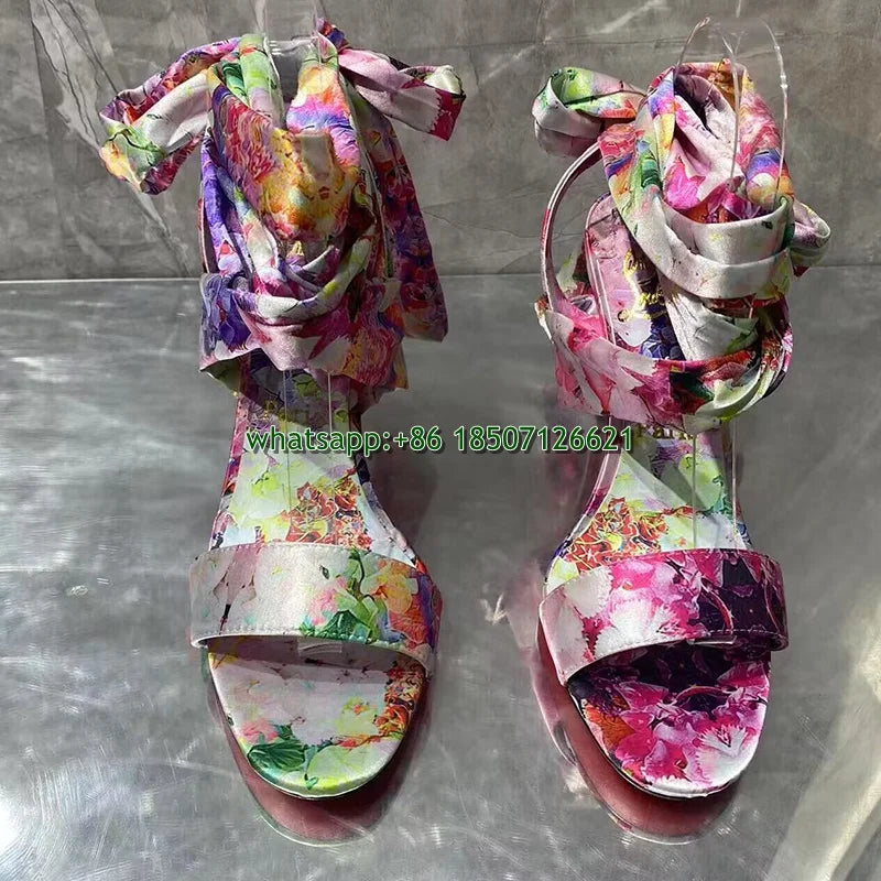 Printed Satin Ankle Strap Heels