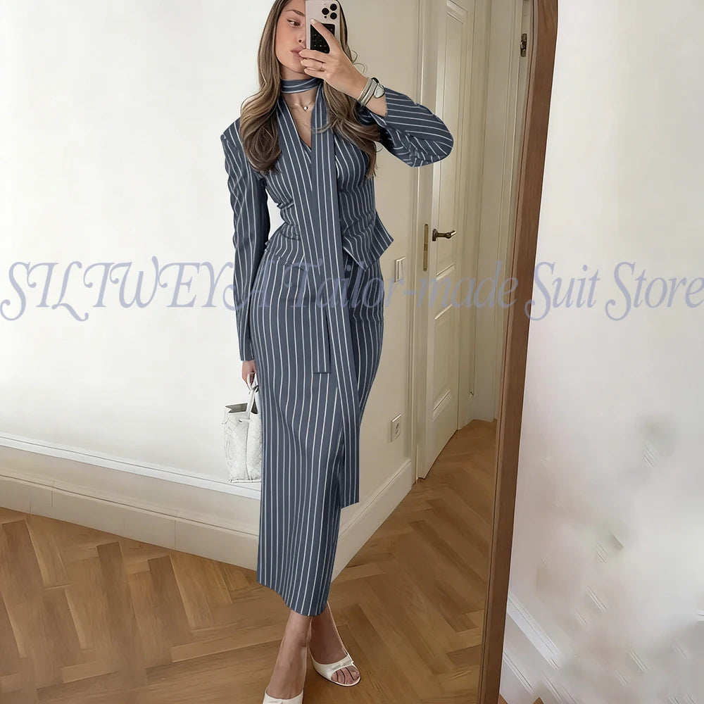 Single Breasted Blue Striped Blazer Skirt Set for Women