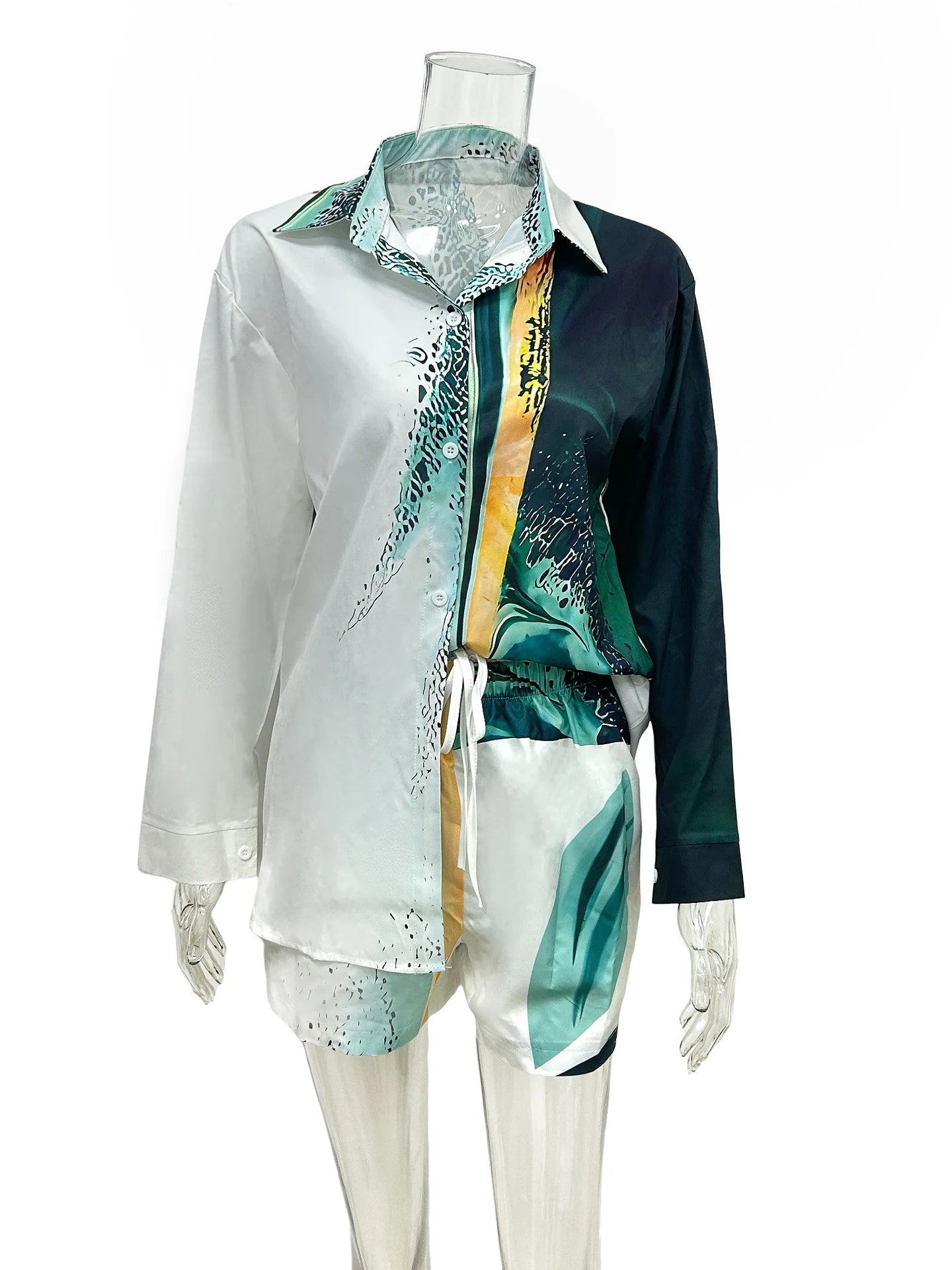 Casual Geometric Print Shirt Shorts Two Piece Set for Women