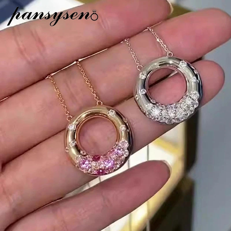 PANSYSEN 925 Sterling Silver Sparkling Pink Sapphire High Carbon Diamond Pendant Necklace 18K Gold Plated Wedding Party Jewelry