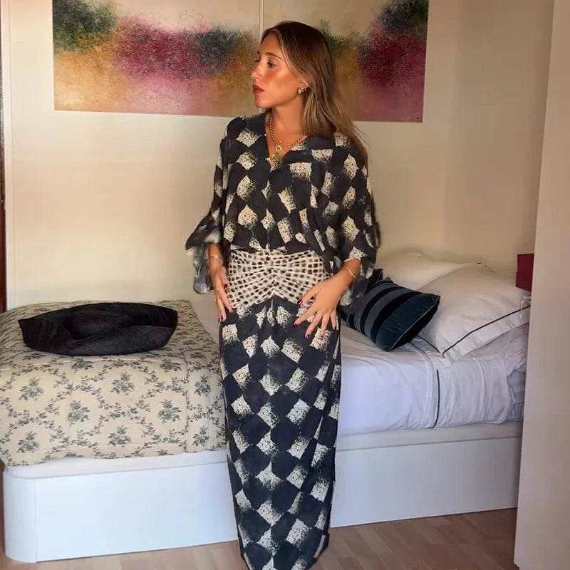 Casual Patchwork Print V Neck Maxi Dress for Women