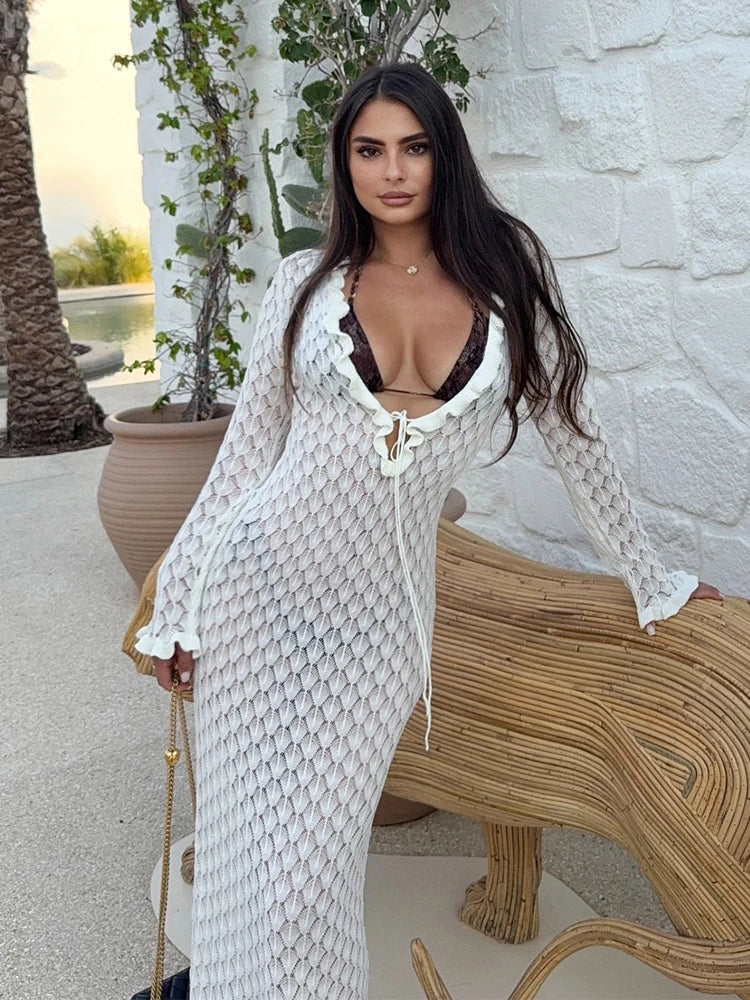 Sexy Frill Big V Neck Hollow Out Long Sleeve Maxi Dress Summer 2025 Feminine Swimwear Bikini Cover Up Women Holiday Outfits K221
