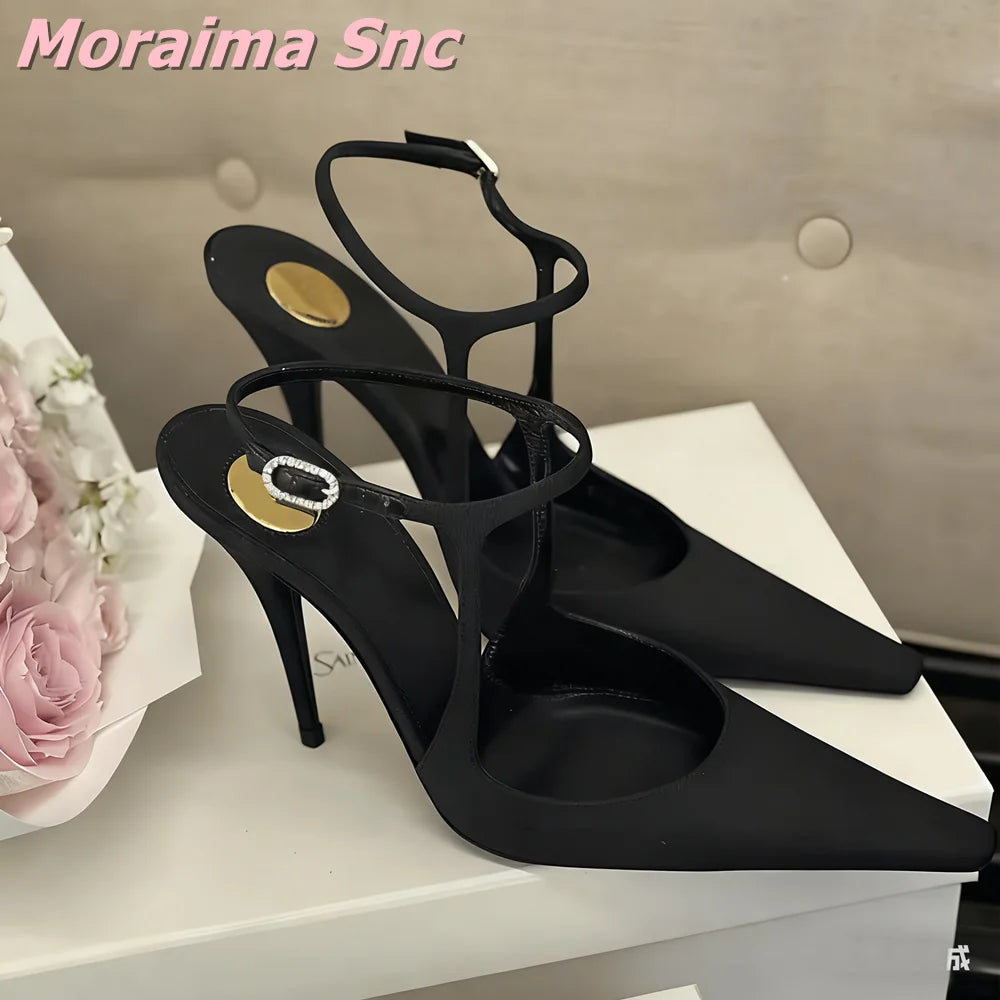 Black Satin Pointed Toe Ankle Strap Stiletto Sandals For Women