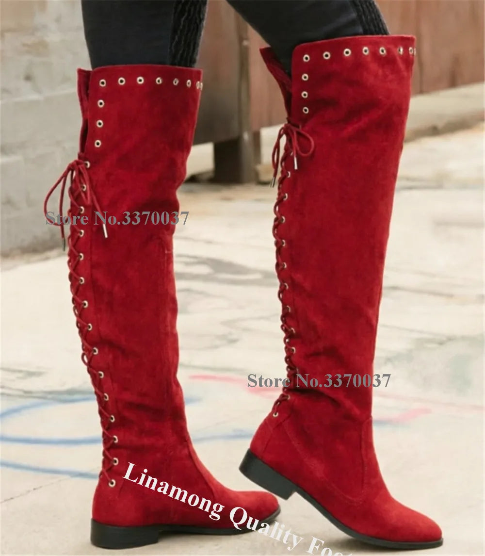 Suede Round Toe Lace-Up Knee-High Flat Boots for Women