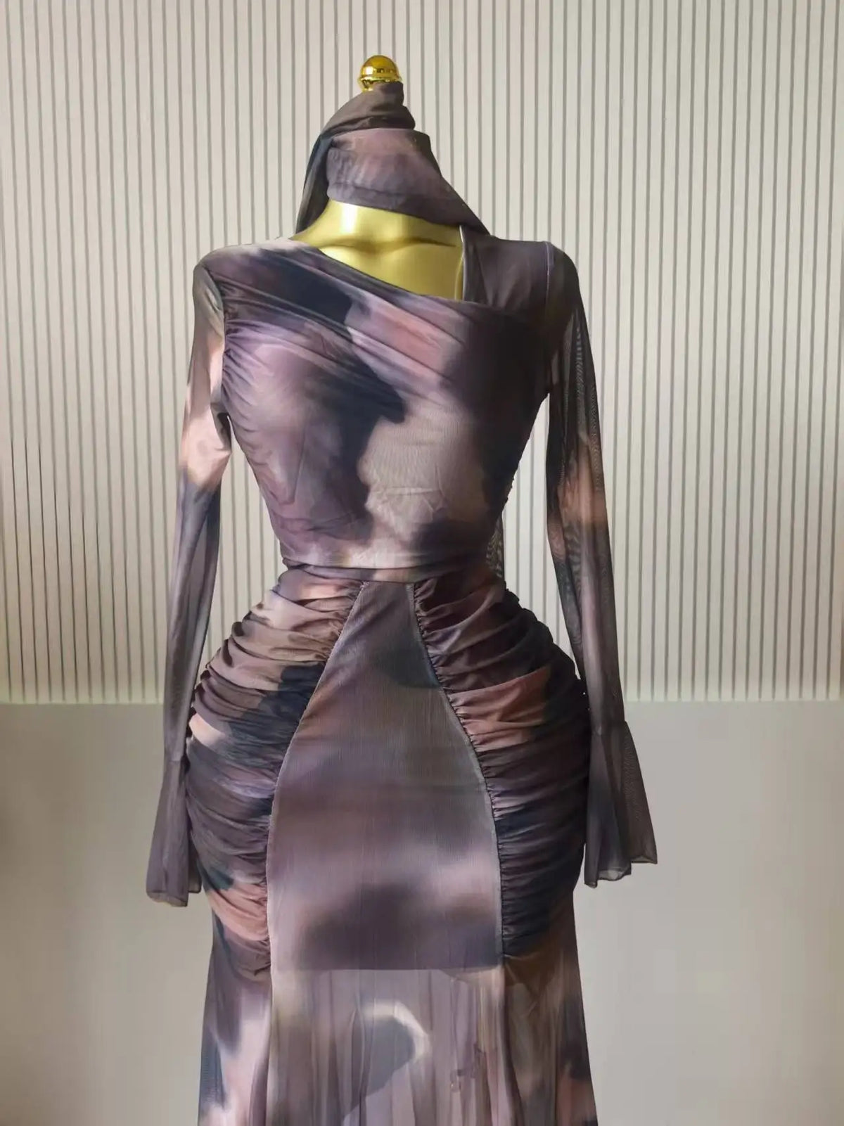 Tie Dye Ruched Skew Neck Long Sleeve Maxi Dress for Women