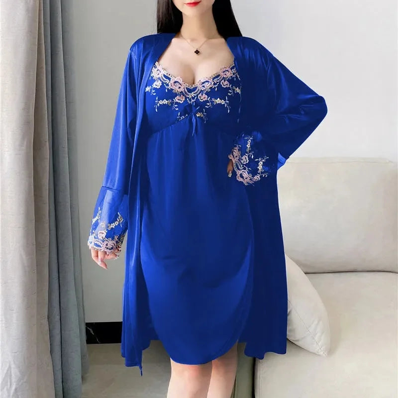 Comfortable Relaxed Fit Lace Up Two Piece Robe Set For Women