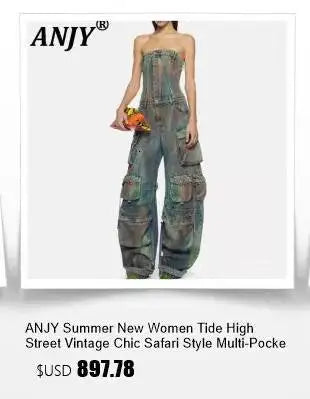 ANJY Spring Autumn New Women Streetwear Fashion Buttons Slit Striped Color Block Jeans Stylish Loose Wide-Leg Denim Pants A23331