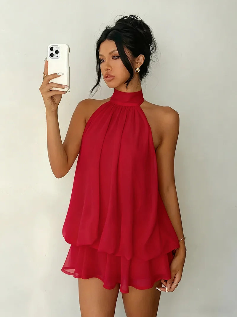 Backless Halter Waist Cinched Mini Dress for Women