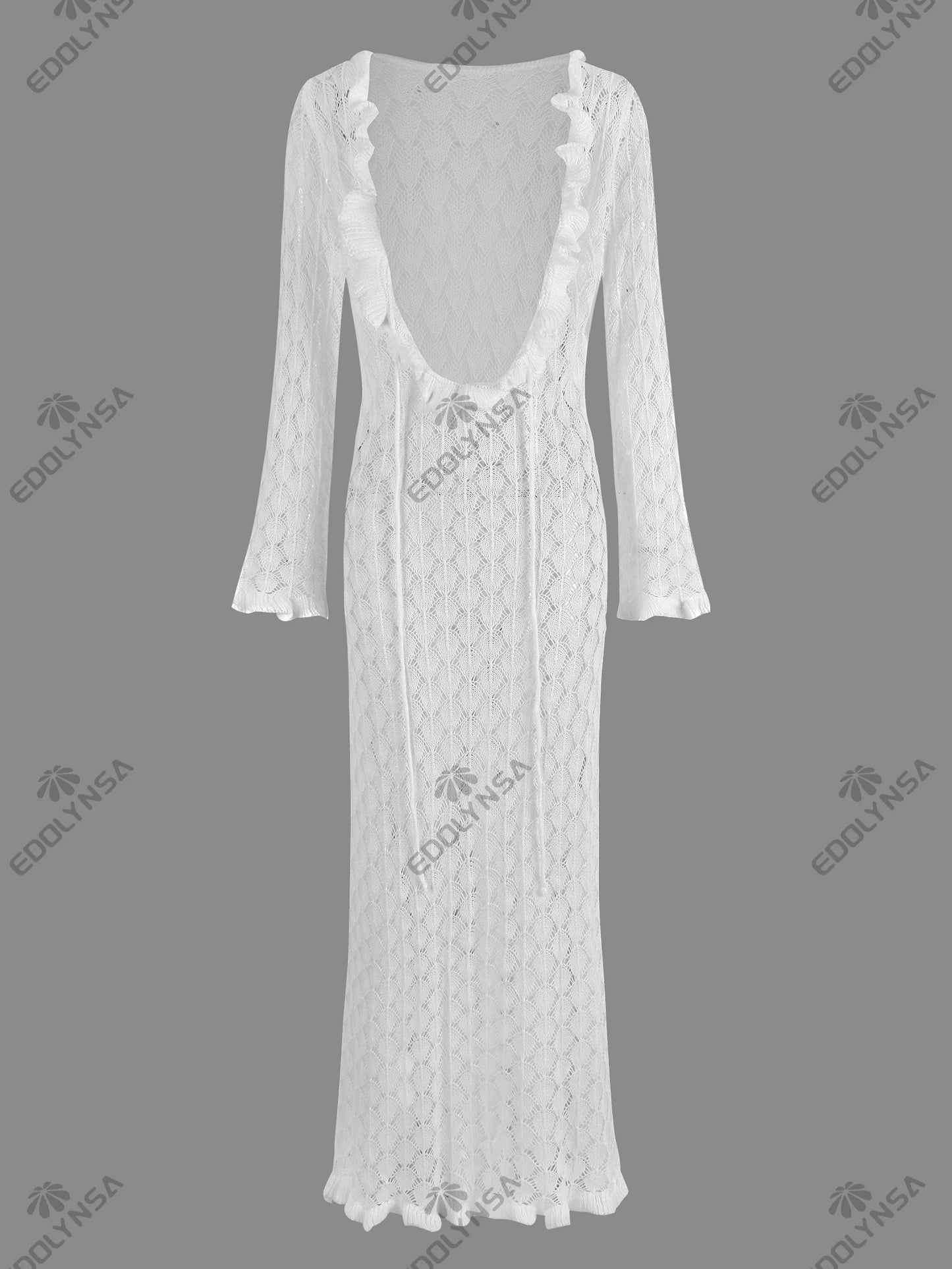 Sexy Frill Big V Neck Hollow Out Long Sleeve Maxi Dress Summer 2025 Feminine Swimwear Bikini Cover Up Women Holiday Outfits K221