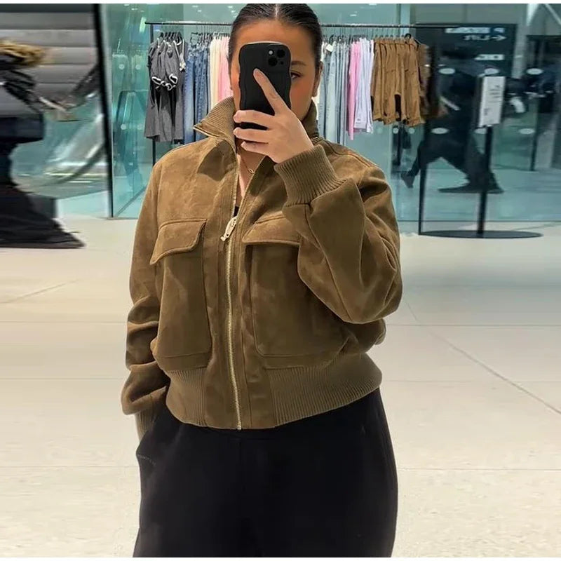 Vintage Suede Long Sleeve Jacket with Pockets for Women