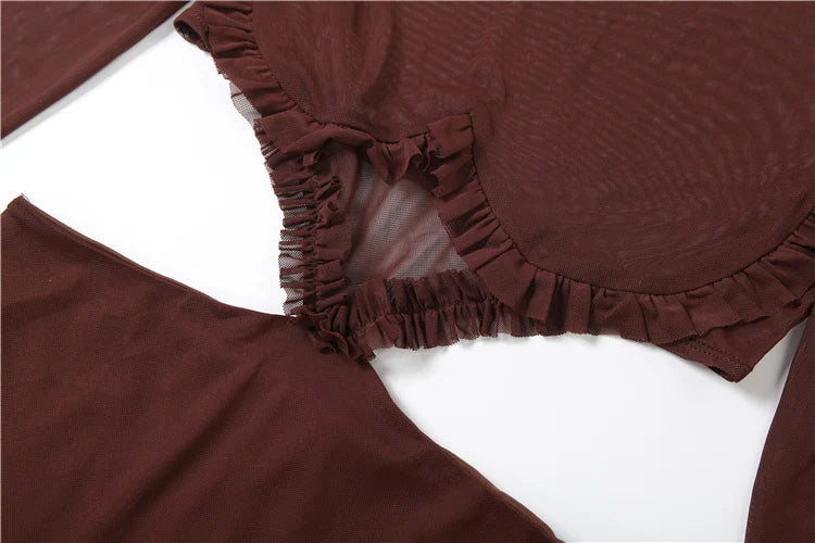 Nibber Waistless Patchwork Mesh Dress Woman o-Neck Full Sleeve Ruffle Hollow Design Midnight Club Party Sexy Fashion Bodycon