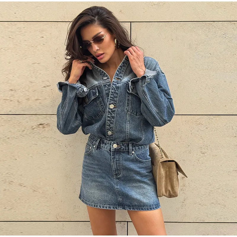 High Waisted Acid Wash Denim Two Piece Set For Women