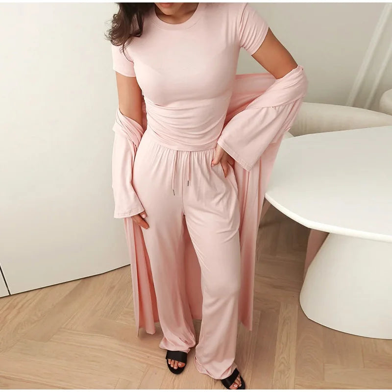 Casual Three Piece Shirt, Coat And Wide Leg Pants Set for Women