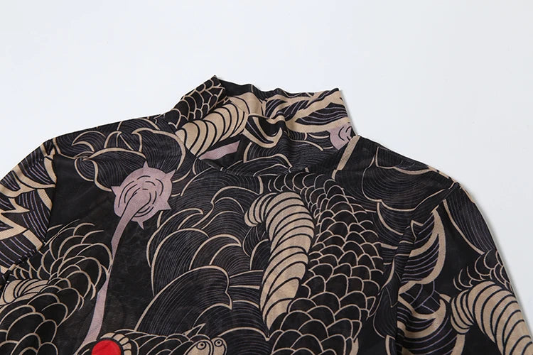 Snake Print Sheer Turtleneck Long Sleeve Top for Women