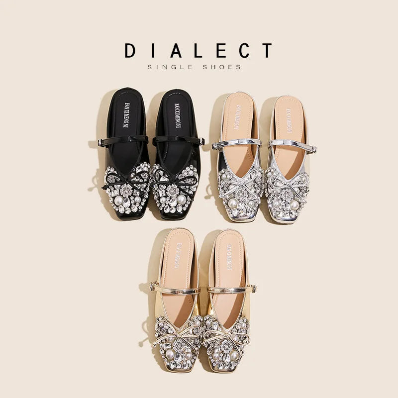 Pearl Bow Embellished Square Toe Flat Shoes For Women
