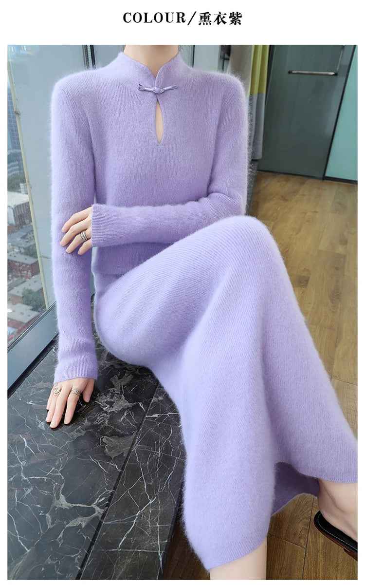 Cashmere Knit Dress with Stand Up Collar and Buckle for Women