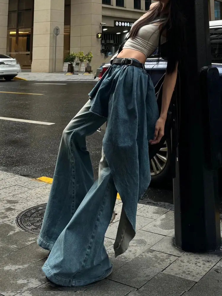 Y2K European and American Retro Washed Design Splicing Fake Two-piece Blue Jeans Women's Popular Loose Sexy Bell-bottom Pants