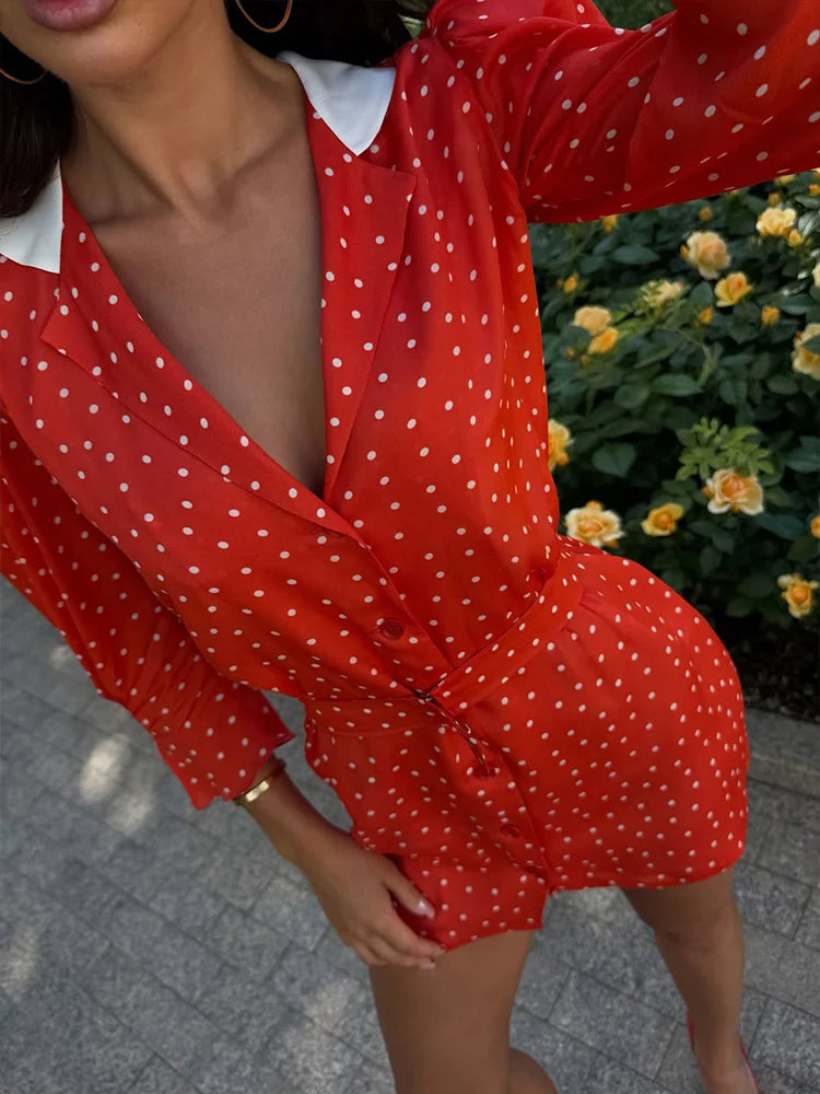 Elegant Polka Dot V Neck Puff Sleeve Mini Dress for Women