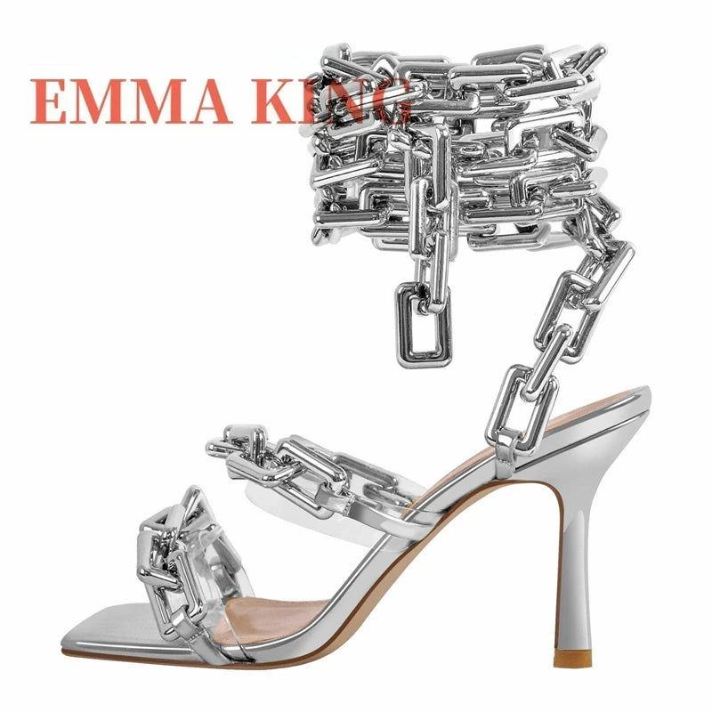 Gold Link Chain Square Toe Strappy Sandals for Women