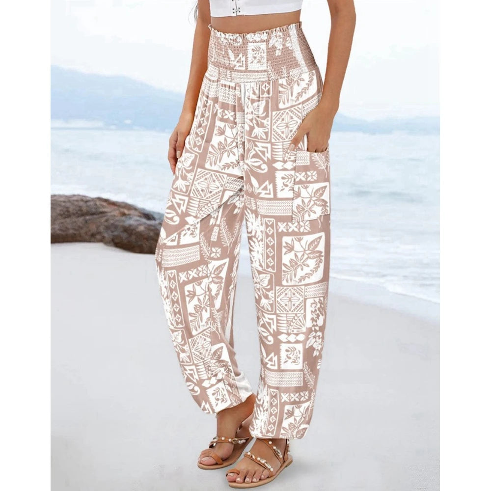 Women's High Waist Floral Print Pocket Cuffed Pants – Casual Sporty Streetwear Trousers with Shirring Elastic Waist