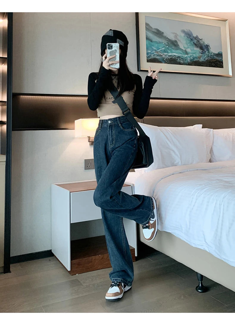High Waist Casual Wide Leg Straight Jeans for Women