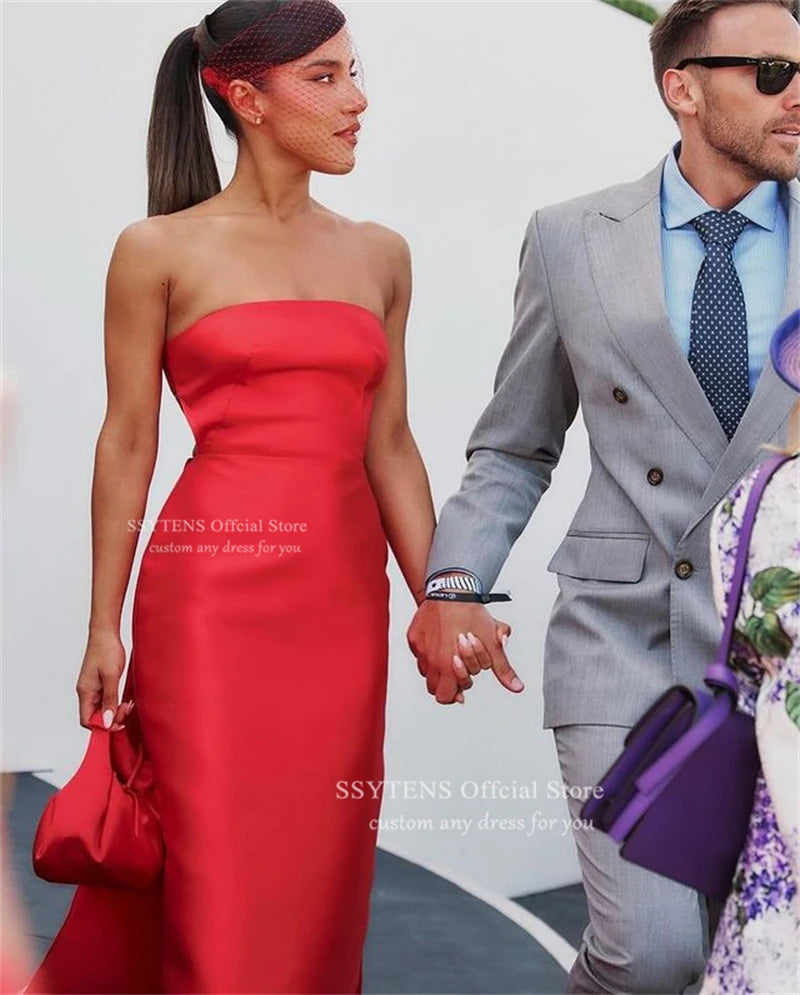 Elegant Red Satin Mermaid Floor Length Prom Dress for Women