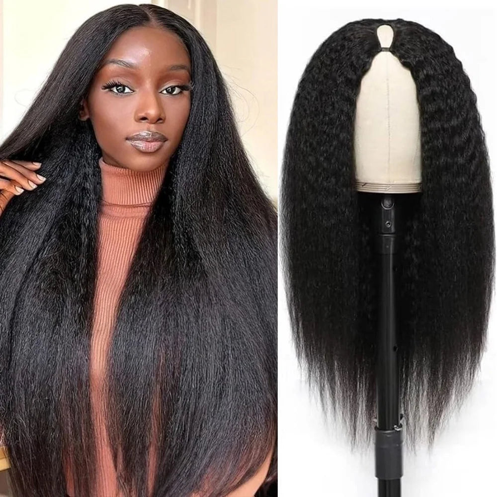 Glueless V Part Kinky Straight Human Hair Wig for Women