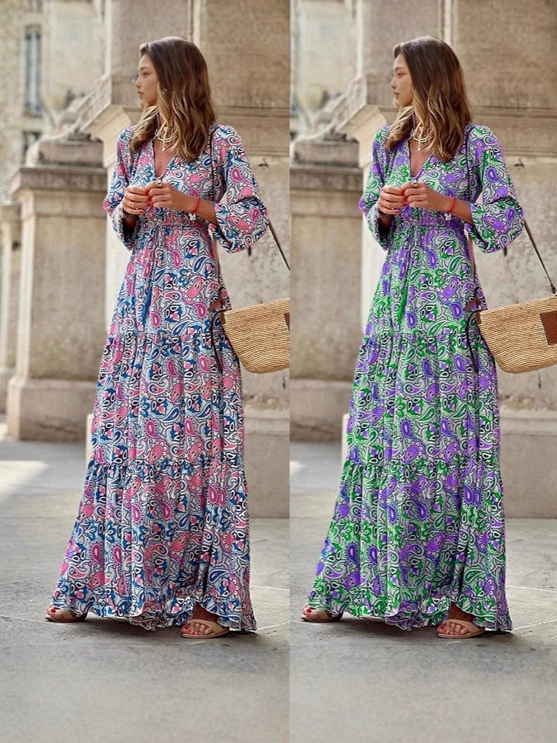 2026 New In-Stock Women's Fashion V-Neck Long-Sleeve Mid-Length Bohemian