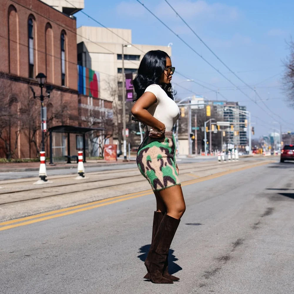 Fuzzy Camo High Waist Drawstring Shorts for Women